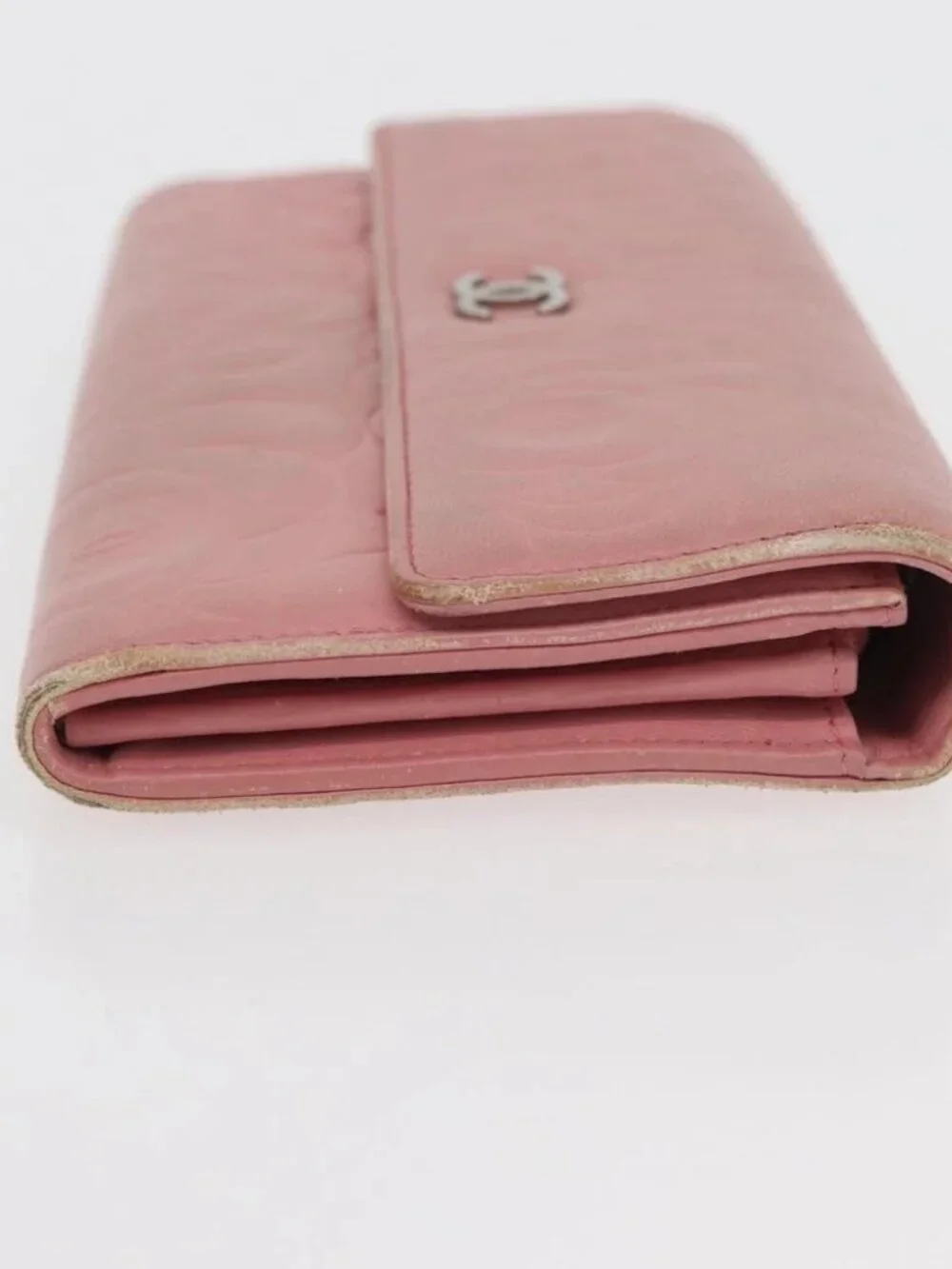 CHANEL Camelia Long Wallet Lamb Skin Pink CC Auth YKZ410